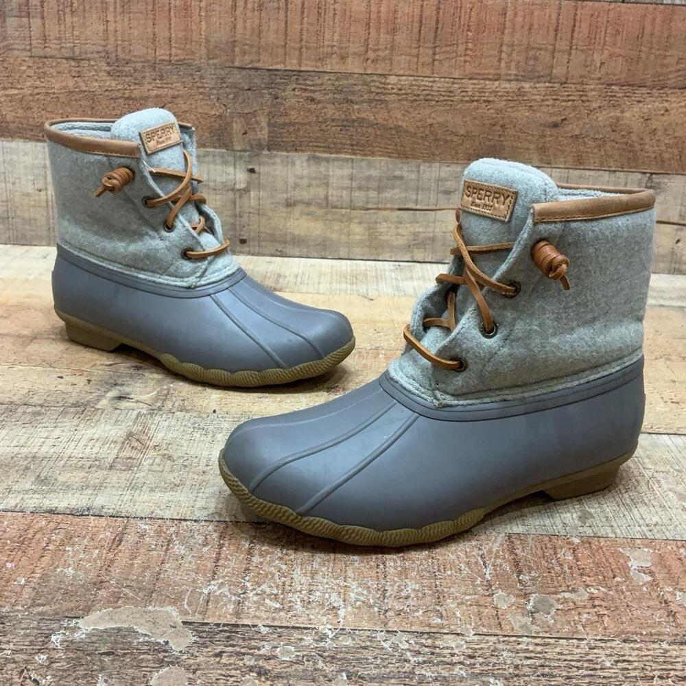 Sperry Rain Boots Womens Size 6.5 37 Gray Wool Ankle Zip Lace Up STS82475